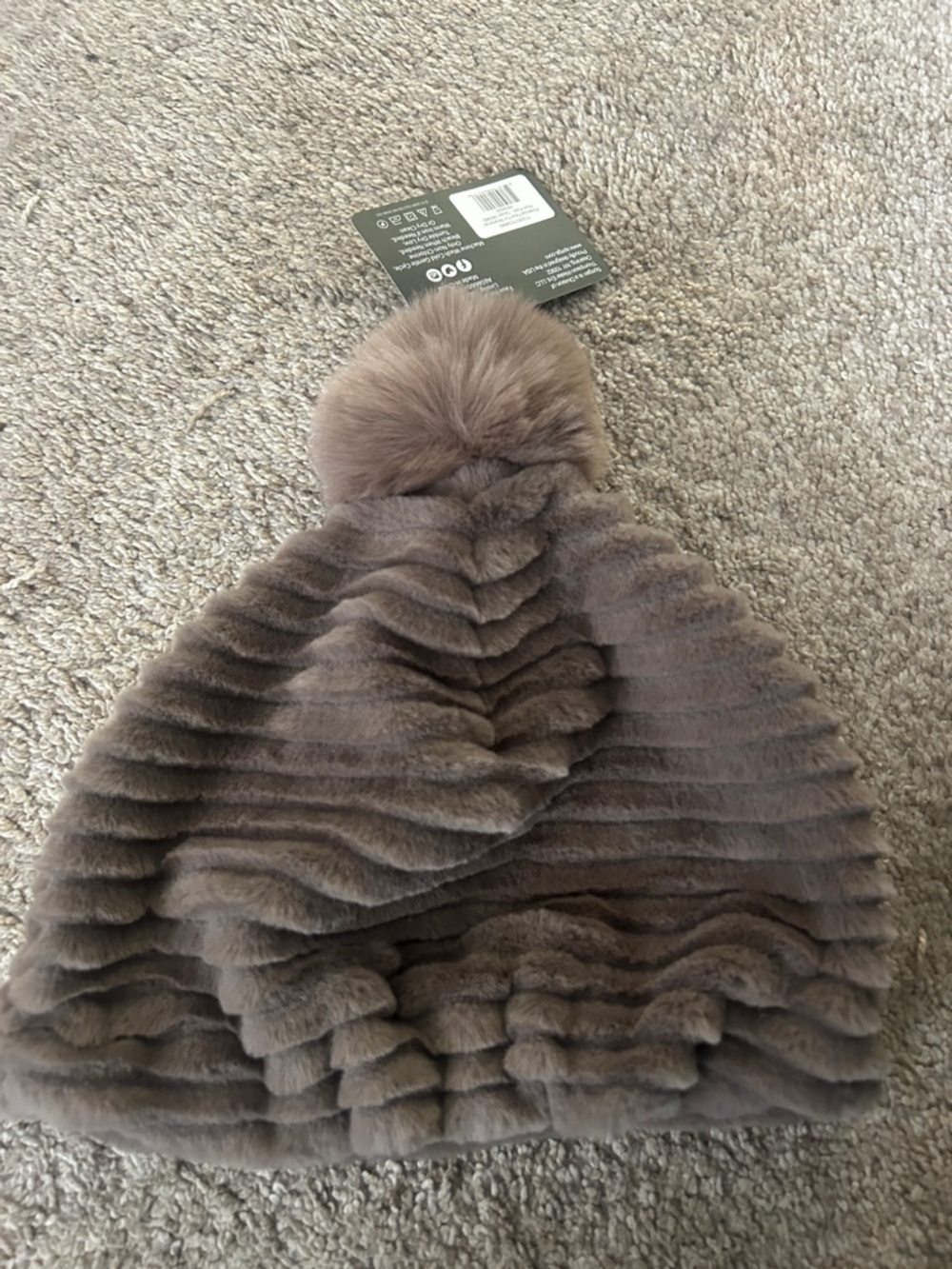 Plush Faux Fur Pom Beanie in Taupe